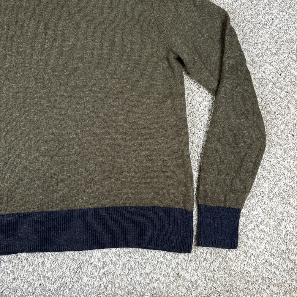 J Crew Sweater Mens L Green Crewneck Ribbed Contrast Hem Cotton Wool - Picture 6 of 12